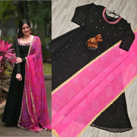 Women'S Solid Georgette Gown Kurta With Dupatta, Long Kurti Ethnic Dress Set For All Occasions - ANIBEY