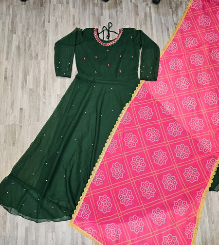 Women'S Solid Georgette Gown Kurta With Dupatta, Long Kurti Ethnic Dress Set For All Occasions - ANIBEY