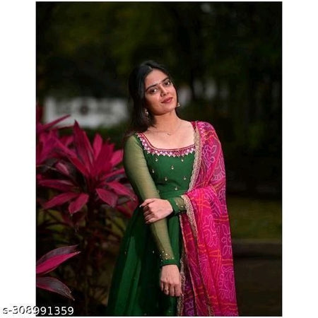 Women'S Solid Georgette Gown Kurta With Dupatta, Long Kurti Ethnic Dress Set For All Occasions - ANIBEY