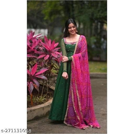 Women'S Solid Georgette Gown Kurta With Dupatta, Long Kurti Ethnic Dress Set For All Occasions - ANIBEY
