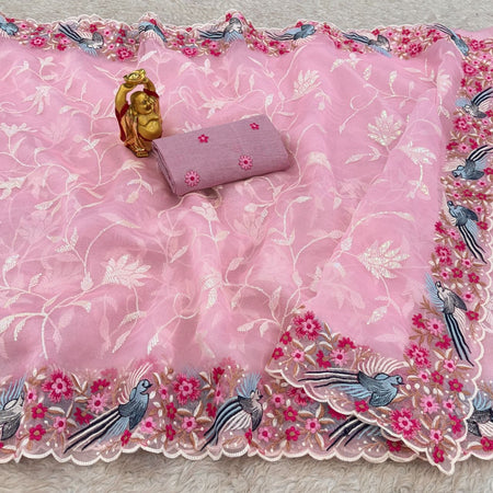 Women's Organza Flower Embroidery Work Silk Saree With Blouse Piece - ANIBEY