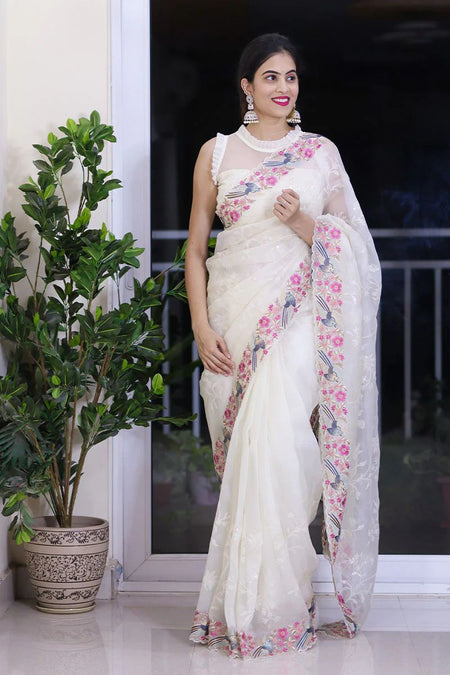 Women's Organza Flower Embroidery Work Silk Saree With Blouse Piece - ANIBEY