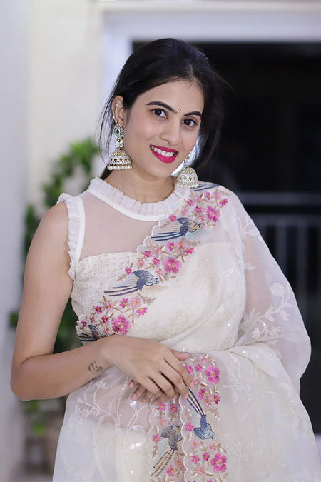 Women's Organza Flower Embroidery Work Silk Saree With Blouse Piece - ANIBEY