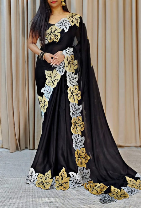 Women's Vichitra Silk Embroidery Work Saree With Unstitched Blouse Piece - ANIBEY