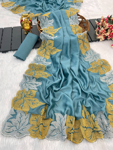 Women's Vichitra Silk Embroidery Work Saree With Unstitched Blouse Piece - ANIBEY