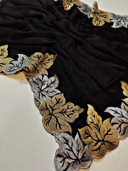 Women's Vichitra Silk Embroidery Work Saree With Unstitched Blouse Piece - ANIBEY