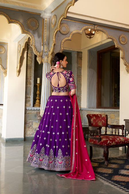 Purple traditional Elegance Sequence Thread Embroidery Work Lehenga - ANIBEY
