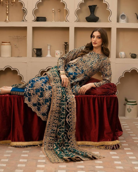 Royal Navy Blue Color Faux Georgette With Embroidery - ANIBEY