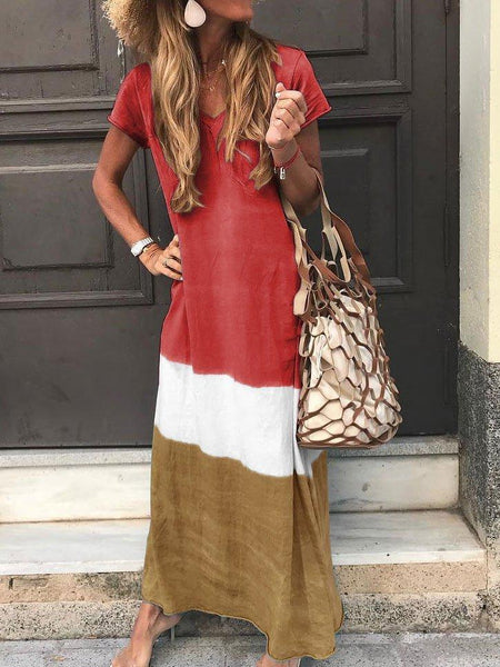 Stitching Multicolor V-neck Short-sleeved Long Skirt Dress - ANIBEY