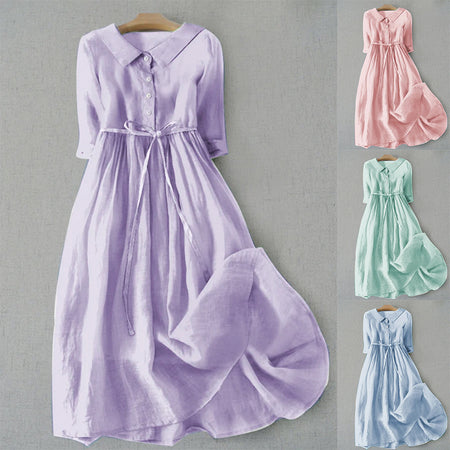 Women's French Retro Cotton And Linen Pleated Lace-up Skirt Dress - ANIBEY