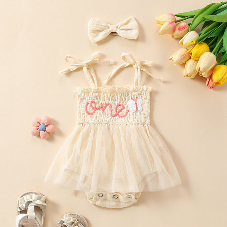 Towel Embroidery Mesh Slip Dress Bowknot Headband Two-piece Set - ANIBEY
