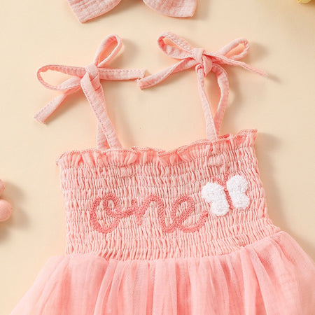 Towel Embroidery Mesh Slip Dress Bowknot Headband Two-piece Set - ANIBEY