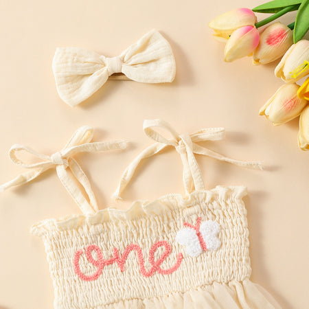 Towel Embroidery Mesh Slip Dress Bowknot Headband Two-piece Set - ANIBEY