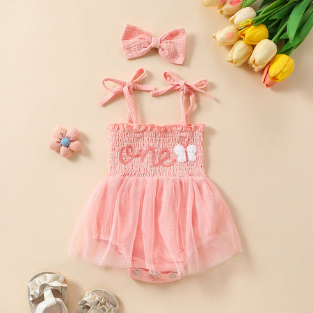 Towel Embroidery Mesh Slip Dress Bowknot Headband Two-piece Set - ANIBEY