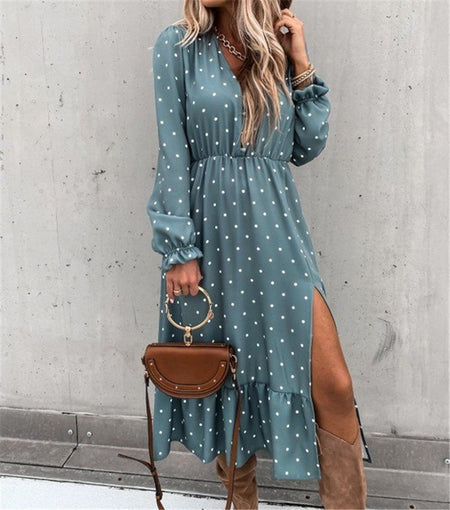 V-Neck Ear Button Polka Dot Fold Print Long-Sleeved Dress - ANIBEY