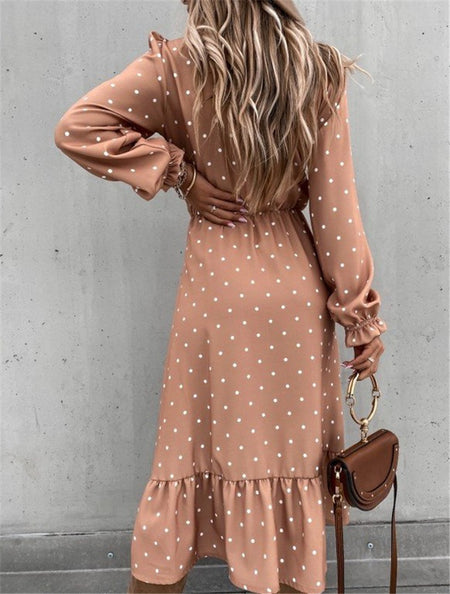 V-Neck Ear Button Polka Dot Fold Print Long-Sleeved Dress - ANIBEY