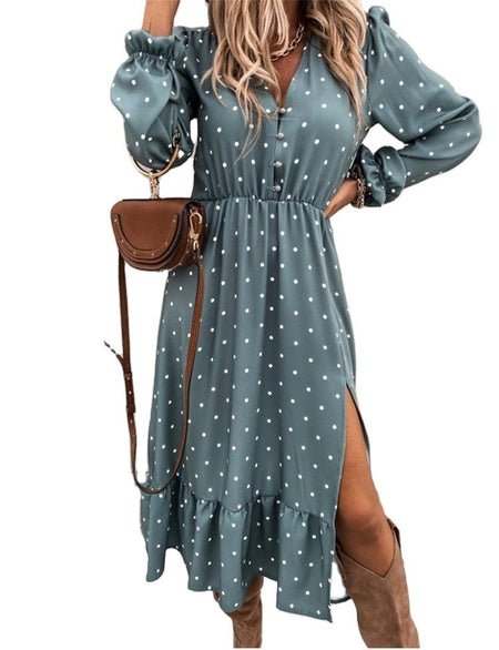 V-Neck Ear Button Polka Dot Fold Print Long-Sleeved Dress - ANIBEY