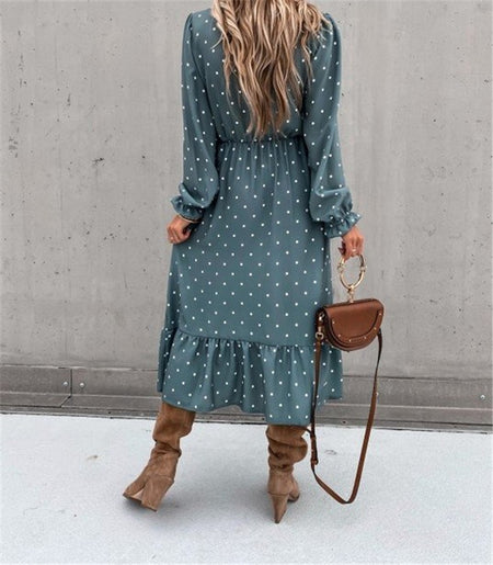 V-Neck Ear Button Polka Dot Fold Print Long-Sleeved Dress - ANIBEY