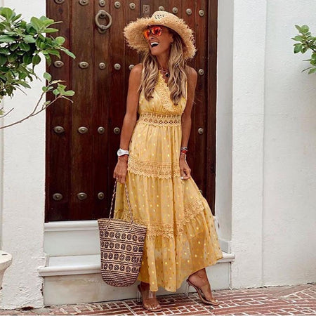 V-neck Lace-trimmed Multicolor Dress Long Skirt - ANIBEY