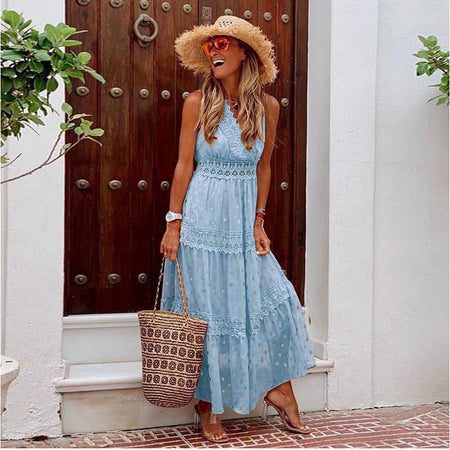 V-neck Lace-trimmed Multicolor Dress Long Skirt - ANIBEY