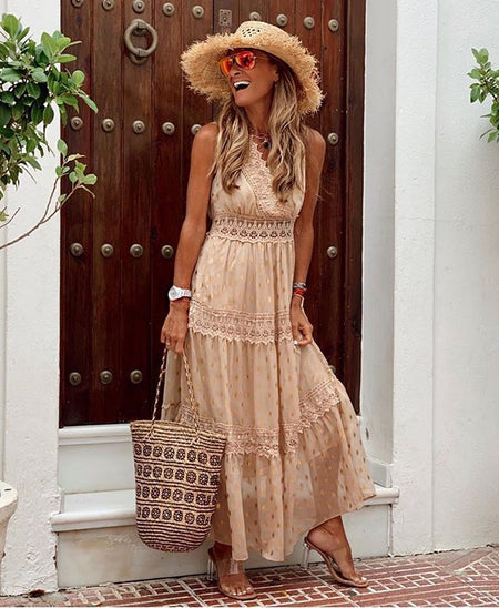 V-neck Lace-trimmed Multicolor Dress Long Skirt - ANIBEY