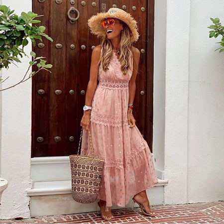 V-neck Lace-trimmed Multicolor Dress Long Skirt - ANIBEY