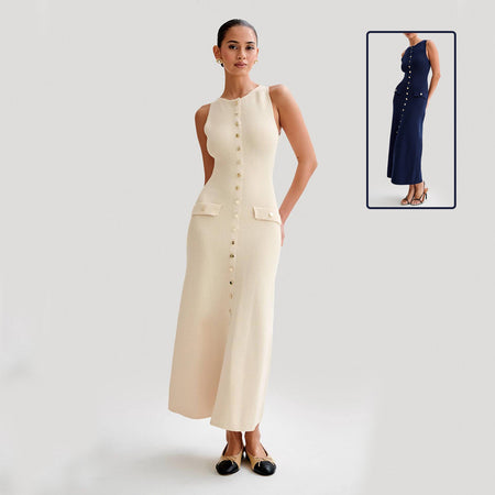 Elegant Knitted Sleeveless With Single Breast Fashion Slim Round Neck Women Dresses - ANIBEY