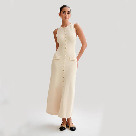 Elegant Knitted Sleeveless With Single Breast Fashion Slim Round Neck Women Dresses - ANIBEY