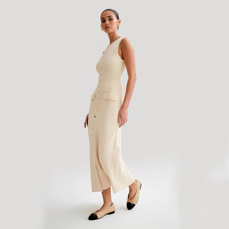 Elegant Knitted Sleeveless With Single Breast Fashion Slim Round Neck Women Dresses - ANIBEY