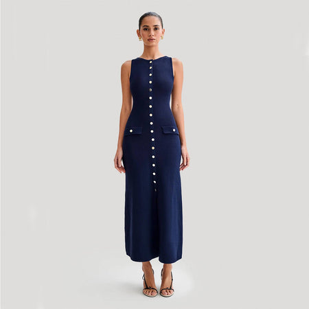 Elegant Knitted Sleeveless With Single Breast Fashion Slim Round Neck Women Dresses - ANIBEY