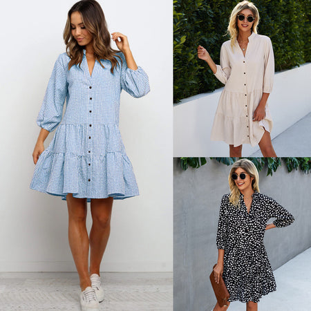 Fashion Printed Plaid V-neck Three-quarter Sleeve Women's Dress - ANIBEY
