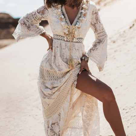Lace Stitching Lace Fringed Flared Long Skirt - ANIBEY