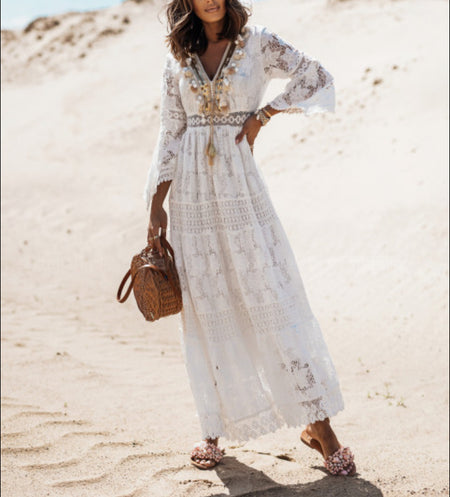 Lace Stitching Lace Fringed Flared Long Skirt - ANIBEY