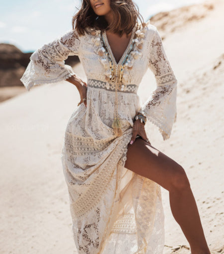 Lace Stitching Lace Fringed Flared Long Skirt - ANIBEY