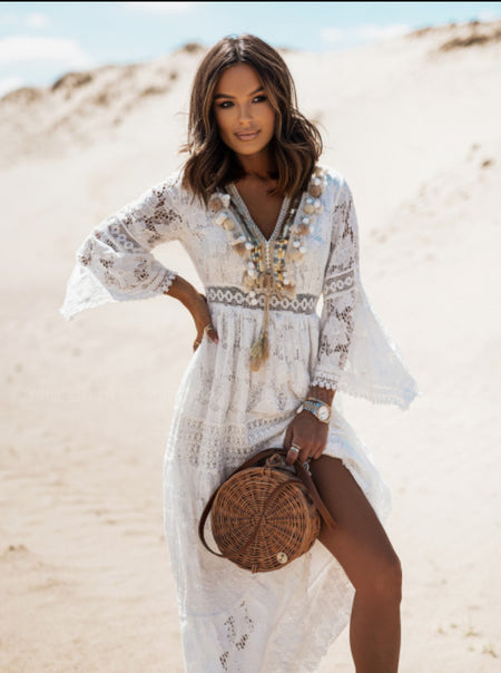 Lace Stitching Lace Fringed Flared Long Skirt - ANIBEY