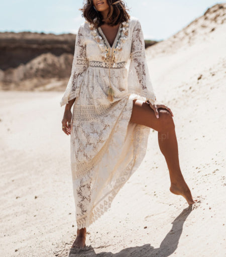 Lace Stitching Lace Fringed Flared Long Skirt - ANIBEY