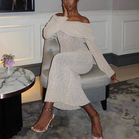 New One-shoulder Knitted Long-sleeved Sexy Beach Holiday Long Dresses - ANIBEY