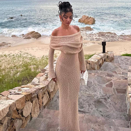 New One-shoulder Knitted Long-sleeved Sexy Beach Holiday Long Dresses - ANIBEY