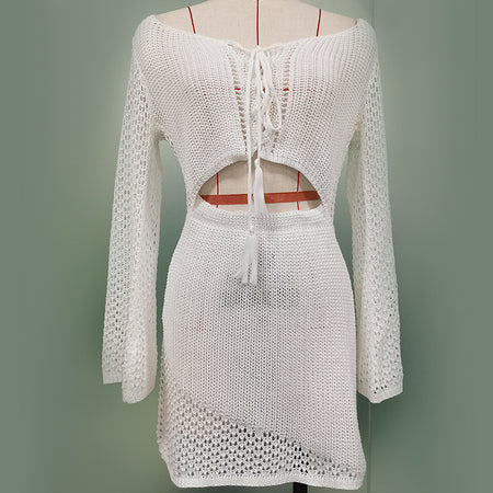 Solid Color Hollow-out Knitted Blouse Off-shoulder Long Sleeve Beach Dress - ANIBEY