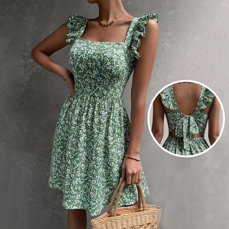 Summer Square-neck Ruffled Sleeveless Dress With Bow-tie Backless Design Fashion Casual Holiday Beach Dresses For Womens Clothing - ANIBEY