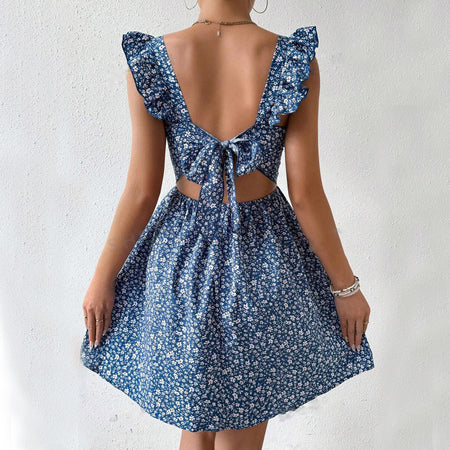 Summer Square-neck Ruffled Sleeveless Dress With Bow-tie Backless Design Fashion Casual Holiday Beach Dresses For Womens Clothing - ANIBEY