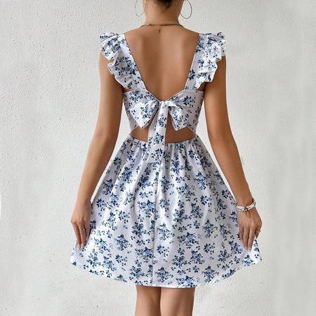 Summer Square-neck Ruffled Sleeveless Dress With Bow-tie Backless Design Fashion Casual Holiday Beach Dresses For Womens Clothing - ANIBEY
