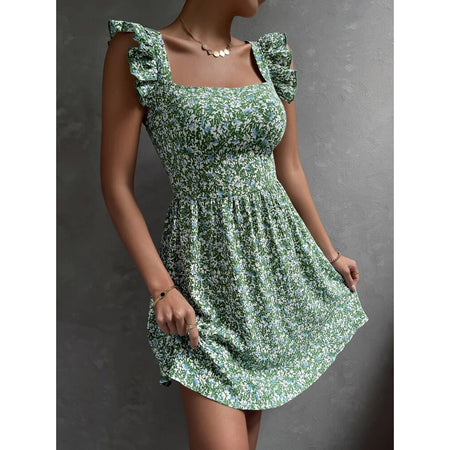 Summer Square-neck Ruffled Sleeveless Dress With Bow-tie Backless Design Fashion Casual Holiday Beach Dresses For Womens Clothing - ANIBEY
