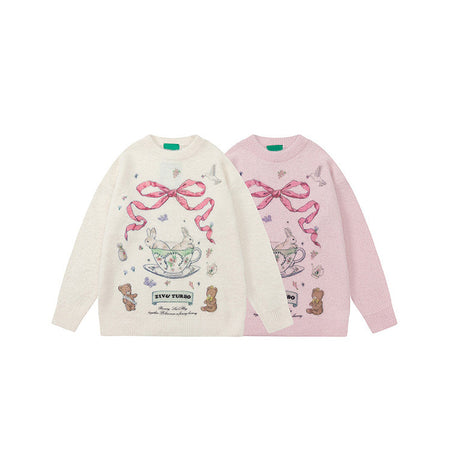 Women's Cute Round Neck Bow Print Sweater - ANIBEY