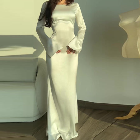 Women's Round Neck Long Sleeved Waist Cinching Dress - ANIBEY