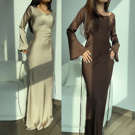 Women's Round Neck Long Sleeved Waist Cinching Dress - ANIBEY