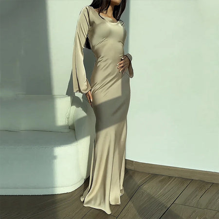 Women's Round Neck Long Sleeved Waist Cinching Dress - ANIBEY