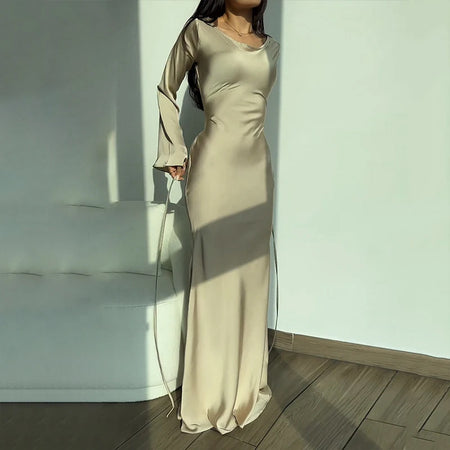 Women's Round Neck Long Sleeved Waist Cinching Dress - ANIBEY