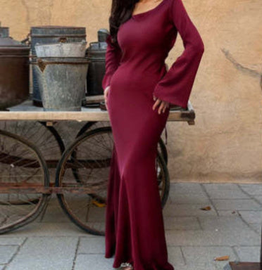 Women's Round Neck Long Sleeved Waist Cinching Dress - ANIBEY