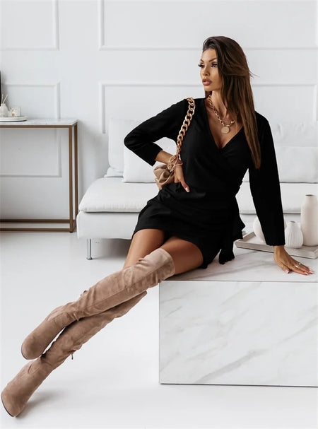 Temperament Casual Solid Color V-neck Long-sleeved Dress - ANIBEY